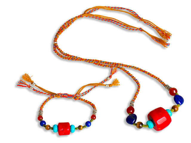 Tibetan Style Mystical Braided Coral and Lapis Lazuli Bracelet & Necklace Set