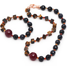 Assorted Faceted Blue Sandstone and Tiger Eye and Black Agate Set ( Necklace and Matched Bracelet )