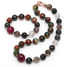 Assorted Faceted Malachite and Agate and Black Tiger Eye and Clear Crystal Set ( Necklace and Matched Bracelet )