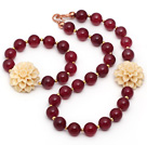 Hot Rose Series Round Hot Rose Agate and Resin Flower Set ( Necklace and Matched Bracelet )