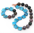 Assorted Square Shape Blue Agate and Round Indian Agate Set ( Necklace and Matched Bracelet )