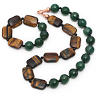 Assorted Round Faceted Green Agate and Tiger Eye and Black Agate Set ( Necklace and Matched Bracelet)