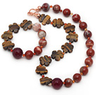 Red Series Assorted Red Jasper and Tiger Eye and Hot Pink Agate Set ( Necklace and Matched Bracelet )