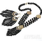 Vintage Style Black Crystal Tassel Set ( Necklace and Matched Earrings )