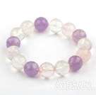 12mm Faceted Rose Quartz and Amethyst and Clear Crystal Beaded Stretch Bangle Bracelet