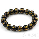 12mm Perles en agate noire avec des caractères de charmes magiques Bracelet extensible