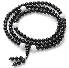 Faceted Black Agate and Lotus Shape White Sea Shell Prayer Bracelet (  Rosary Bracelet Total 108 Beads, can also be necklace)
