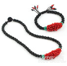 Naturlig Red Coral och svart Agat Set (Halsband och matchas Armband)