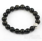 10mm Natural Obsidian Elastisk armband Armband med Sterling Silver Tillbehör