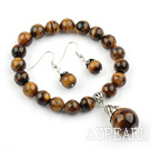 Classic Design Tiger Eye Set ( Beaded Elastic Bracelet and Matched Earrings )