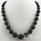 Carved Round Black Volcanic Rock Stone Beaded Graduated Necklace