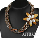 Multi Strands Brown Series Pearl Crystal and Shell Flower Necklace