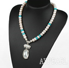 Natural White Ferskvann Pearl og turkis Necklace med Nautilus anheng