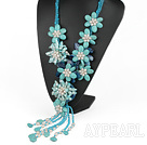 Elegant och Big Style Grön Färg Tänder Form Pearl och turkos och blå agat blomma Party Halsband