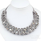 Fashion Style Clear with Colorful Crystal and Gray Velvet Ribbon Woven Bib Necklace