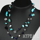 Long Style Pearl and Clear Crystal and Black Agate and Turquoise Necklace