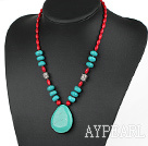Assorted Red Coral and Turquoise Necklace with Drop Shape Turquoise Pendant