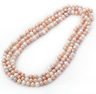 Lång stil 8-9mm vit och rosa och violett Round Freshwater Pearl pärlstav Knutna Necklace