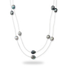 Lång stil 11-12mm svart grå och vit sötvattenspärla halsband med vitt läder