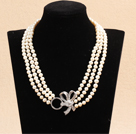 Best Mother Gift Graceful Three Strand Natural White Pearl Party Necklace With Rhinestone Bowknot Clasp