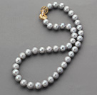 Classic Design 10-11mm Round Dark Gray Freshwater Pearl Beaded Necklace with Gold Plated Clasp