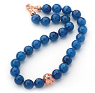 14mm Round Faceted Blue Agate Beaded Knotted Necklace with Golden Rose Color Metal Ball