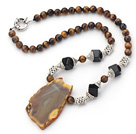 Tiger Eye Necklace with Irregular Shape Agate Slice Pendant and Tibet Silver Accessories