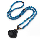 Middels lang stil blå agat halskjede med sort Onyx leende Buddha anheng