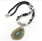 Black Agate and White Porcelain Stone Necklace with Irregular Shape Agate Slice Pendant