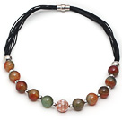 Round Peacock Agate and Mosaics Shell Leather Necklace with Magnetic Clasp