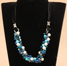 Vakker lang stil Natural Uregelmessig Aquamarine og White Pearl Pink Crystal Necklace