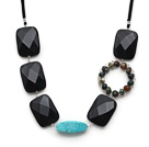 Fashion Style Rectangle Shape Black Crystal and Turquoise and Wire Wrapped Indian Agate Necklace