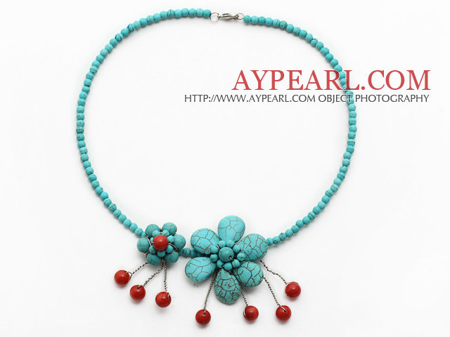 Elegant Style Turquoise and Red Coral Flower Necklace with Metal Clasp