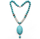 Green Turquoise Necklace with Oval Shape Turquoise Pendant and Metal Spacer Beads