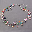 Mode multi brins filetés coloré d'eau douce collier de perles avec la chaîne extensible