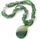 Nice Multi-Strand Twisted Green Series Pearl Crystal Rainbow Fluorite Necklace With Large Agate Pendant