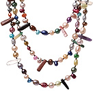 Fashin Three Strands Multi Colorful Pearl And Irregular Stone Necklace With Hook Clasp (No Box)