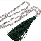 Lovely 8mm Manmade White Crystal Strand Necklace With Green Threaded Tassel Pendant