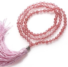Simple Long Style Round Cherry Quartz Beads Necklace with Buddha Head and Pink Tassel(can also be as bracelet)