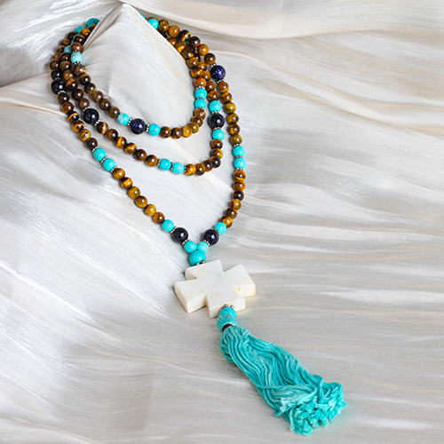 Long Creative Wear Tiger's Eye, Turquoise, and Blue Sandstone Necklace with Tassels