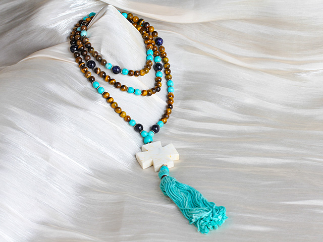 Long Creative Wear Tiger's Eye, Turquoise, and Blue Sandstone Necklace with Tassels