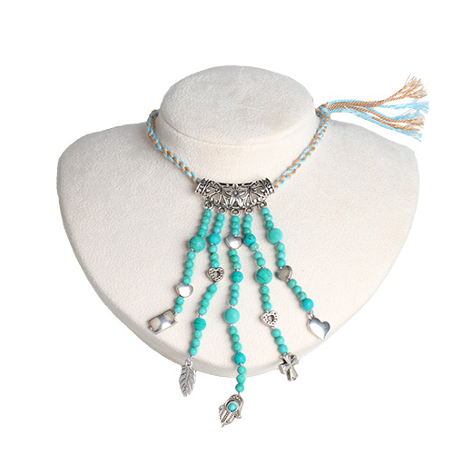 Turquoise Holiday Style Blue Brown Tassel Unique Style Silver Braided Cord Necklace