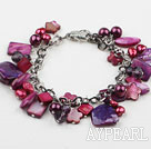 Purple Red Series Purple Red Freshwater Pearl Shell and Crystal Bracelet with Metal Chain