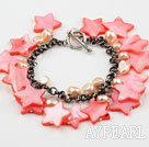 Pink Series Pink Ferskvann Pearl Shell og Crystal armbånd med Metal Chain
