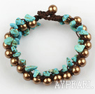 Fashion Style Three Layer Turquoise Chips and Brown Shell Beads Bracelet