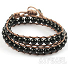 6mm Round Black Agate Wrap Bangle Bracelet with Leather Cord with Metal Clasp