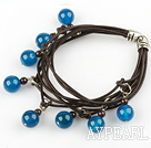 Nydelig stil multi Strands Rund blå Agate og Garnet Leather armbånd
