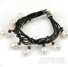 Lovely Style Multi Strands White Freshwater Pearl and Garnet Leather Bracelet