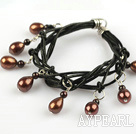 Lovely Style Multi Strands Brown Freshwater Pearl and Garnet Leather Bracelet