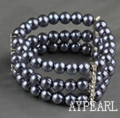 Three Rows 8mm Round Dark Gray Shell Beads and Rhinestone Stretch Bangle Bracelet